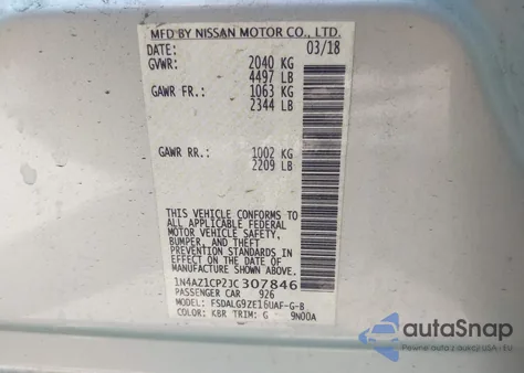 2018 Nissan Leaf Sl z USA, uszkodzony, nr VIN 1N4AZ1CP2JC307846